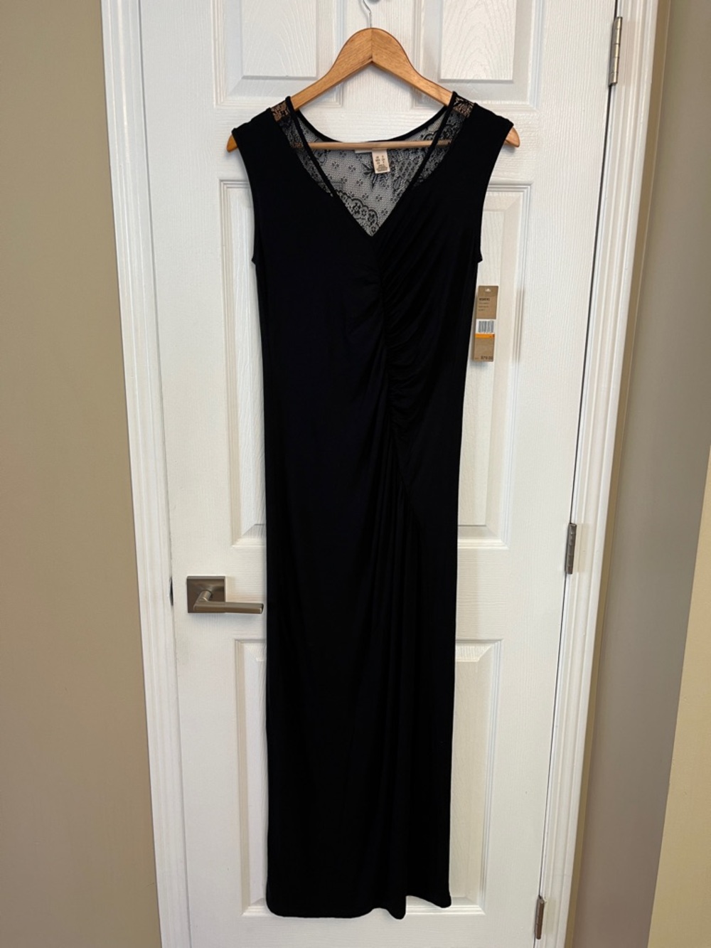DKNY Black Sleeveless Maxi Dress with Lace Yoke and Ruched Front